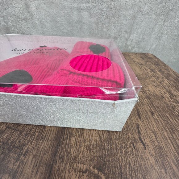 Kate Spade NY Chenille Patch Knit Box Set Beanie Hat Mittens Pink Black Gift New - Picture 7 of 11